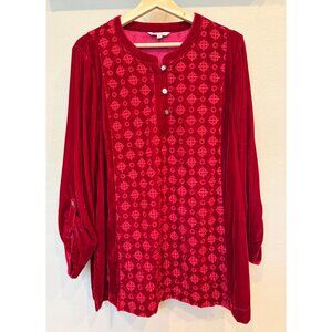 John Mark Womens Red Velvet Embroidered Tunic Blouse Large Long Sleeve Lagenlook